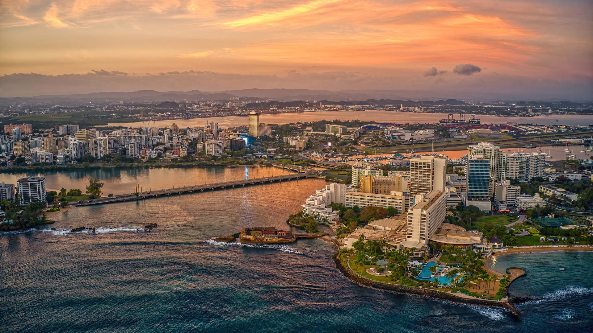 San Juan Puerto Rico financial district at sunset